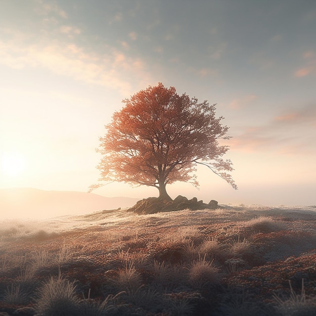 A tree with a red leaf that is on a hill