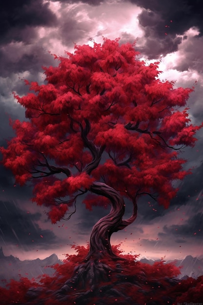 A tree with red leaves on it in a cloudy sky generative ai