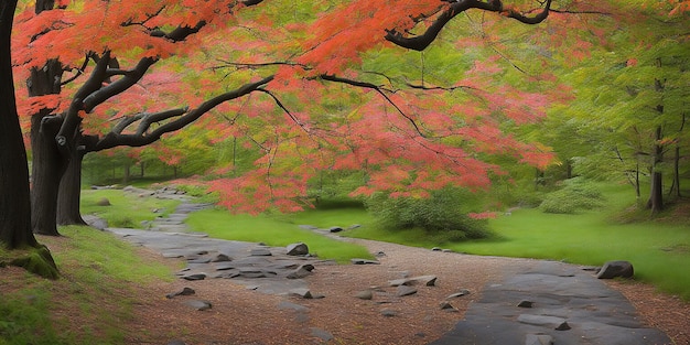 A tree with red leaves in a park