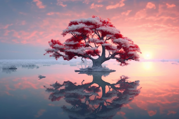 A tree with red leaves and a pink sky with the sun reflecting on it.