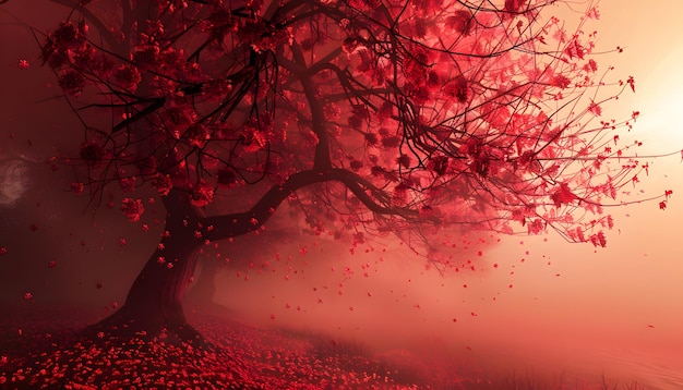 背景に赤い葉と赤い葉のある木