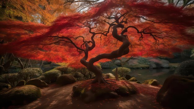 A tree with red leaves and a river in the background