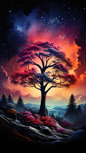 a tree with a red sky and mountains in the background