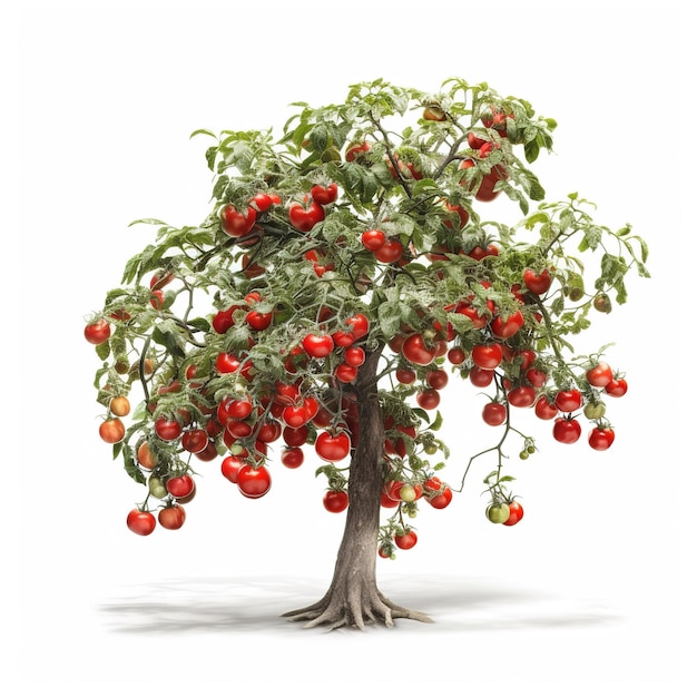 A tree with a red tomato on it