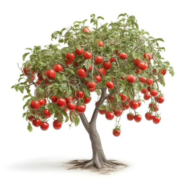 A tree with red tomatoes on it is on a white background.