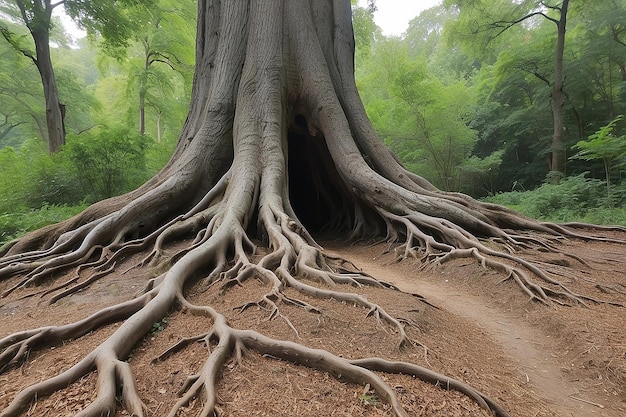 Foto un albero con le radici tagliate