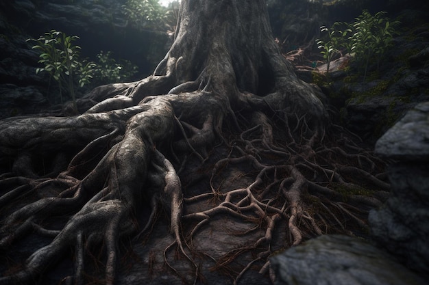 A tree with roots in a dark forest