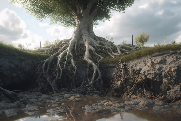 A tree with the roots exposed