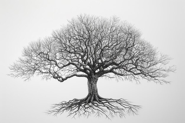 Photo a tree with roots is drawn on a white background