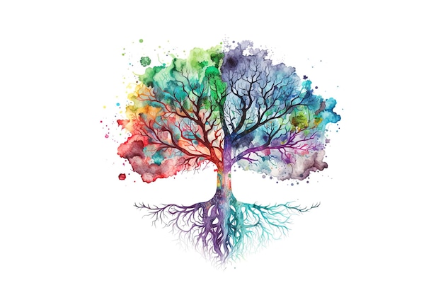 Photo a tree with roots is drawn with watercolors isolated on a white background generated by ai