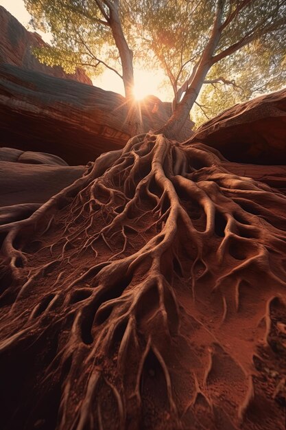 Photo a tree with roots that is covered in the sun