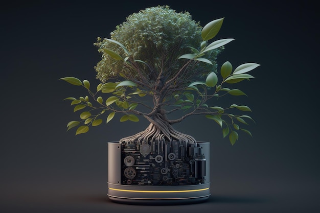 Дерево с почвой, растущее в месте схождения печатной платы компьютераГенеративный ИИ