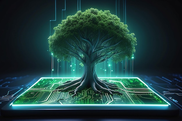 Photo tree with soil growing on the converging point of computer circuit board blue light and wireframe network background