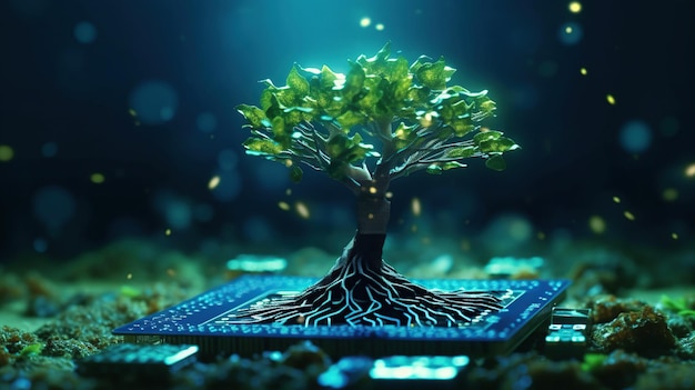 Tree with soil growing on the converging point of computer circuit board