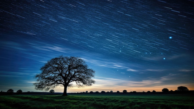 A tree with stars in the sky at night