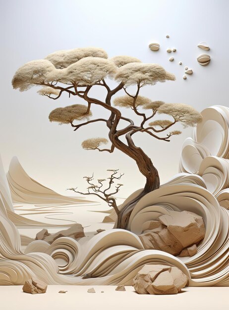 a tree with stones in the sand yohoku in the style of japaneseinspired imagery