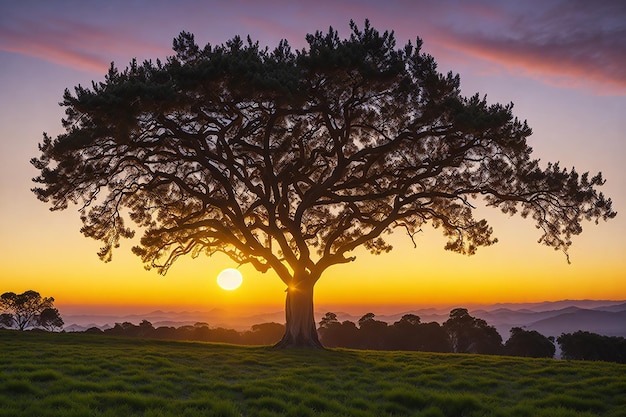 A tree with the sun setting behind it