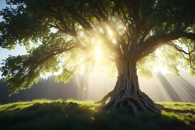 A tree with the sun shining through the branches