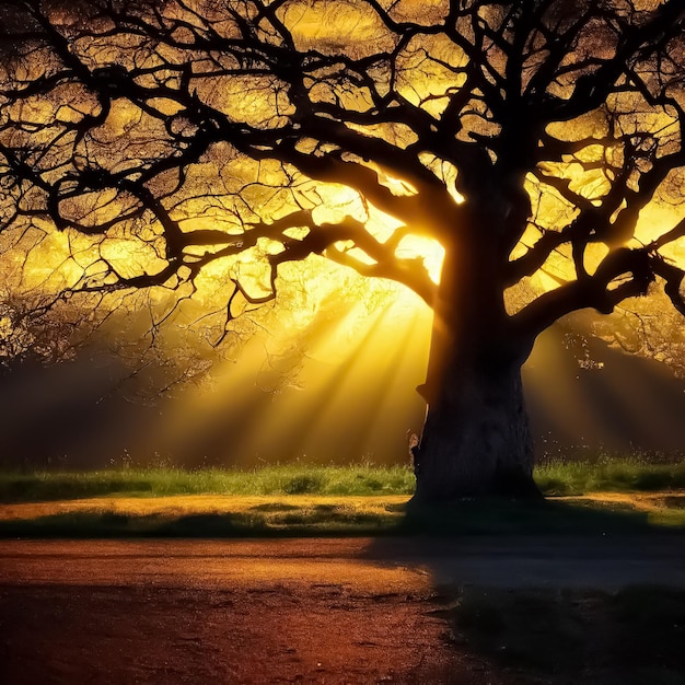 A tree with the sun shining through the branches