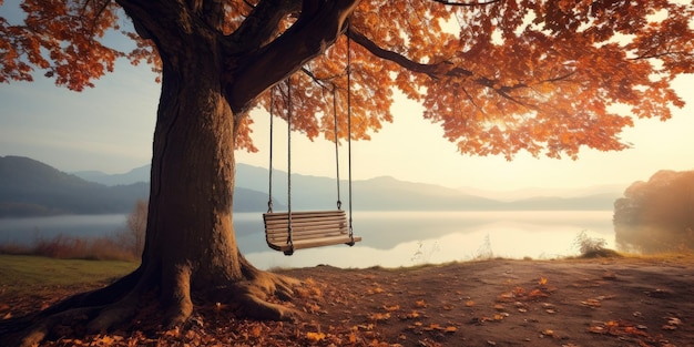 tree with a swing hanging from its branches in the autumn