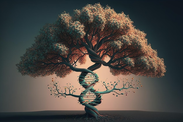 Foto albero con tronco a forma di elica del dna generato dall'ia