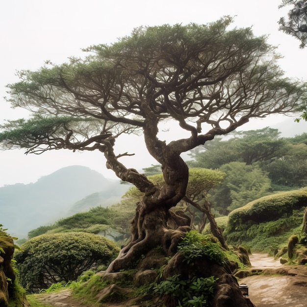 Foto un albero con un tronco ritorto si trova in una foresta con montagne sullo sfondo.