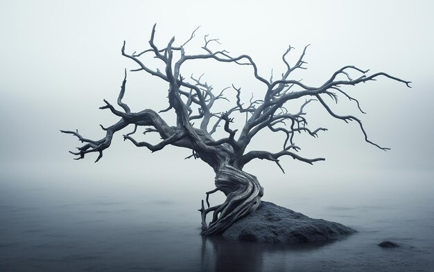 Photo a tree with a twisted trunk stands on a rock in the water.