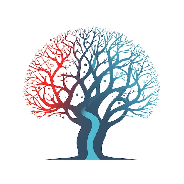 A tree with two branches and a blue and red tree on it