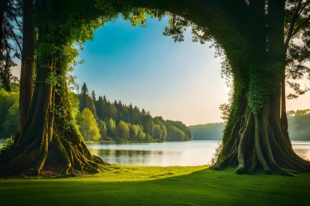 Foto un albero con vista su un lago nella foresta