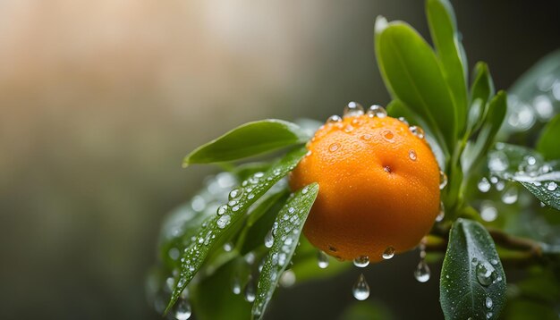 Photo a tree with water drops and a orange on it