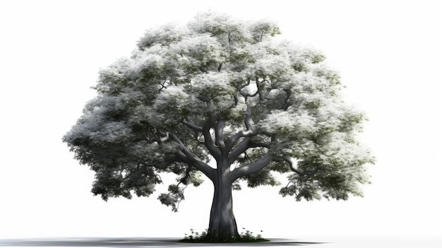 A tree with a white background and a large tree with leaves and branches.