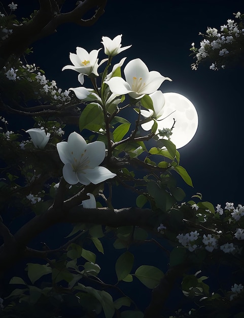 tree with white flower in moonlight ai generated
