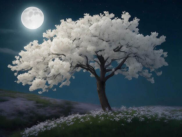 Tree with white flower in moonlight ai generated