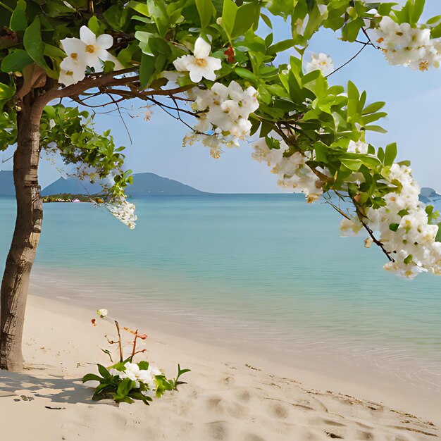 a tree with white flowers and a beach in the background