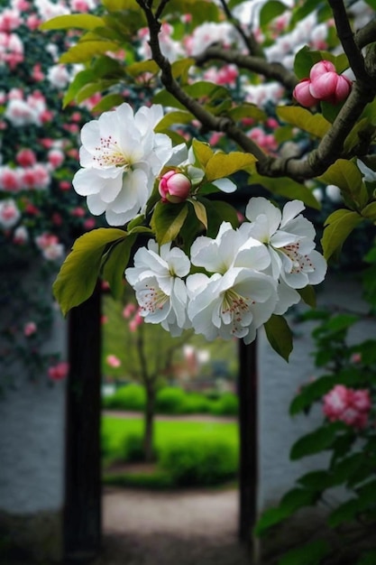 A tree with white flowers in the garden