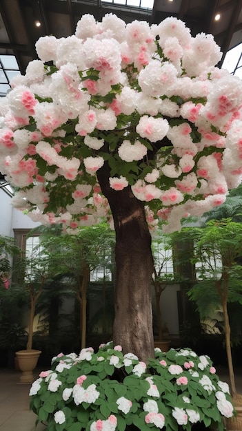 A tree with white flowers and green leaves