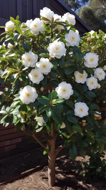 A tree with white flowers and green leaves