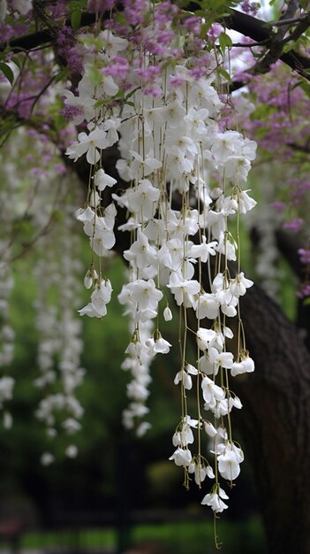 A tree with white flowers hanging from it