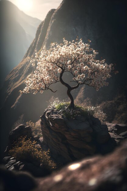 A tree with white flowers on it