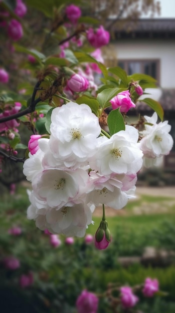 A tree with white flowers and pink flowers