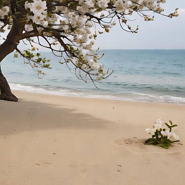 Foto un albero con fiori bianchi nella sabbia e l'oceano sullo sfondo