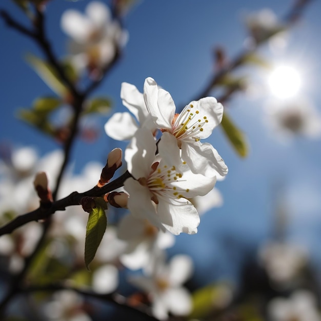 A tree with white flowers and the sun shining through the clouds.