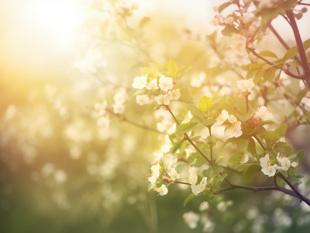 A tree with white flowers in the sunlight