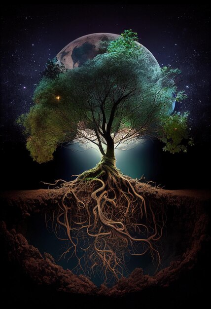 a tree with a world on it and the earth in the background