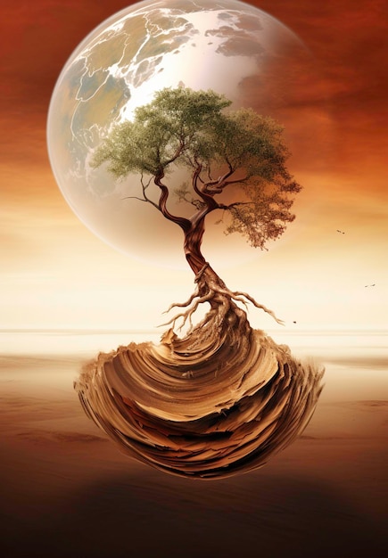 a tree with a world on it and the earth in the background