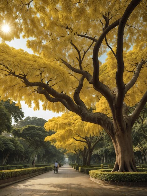 a tree with yellow flowers in the middle of it