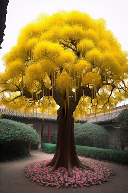 A tree with yellow leaves and a red roof