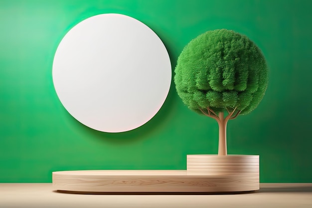 A tree on a wooden shelf with a white circle on the bottom