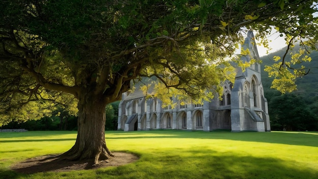 Photo tree in the yard of the muckross abbey under the sunlight in killarney national park ireland