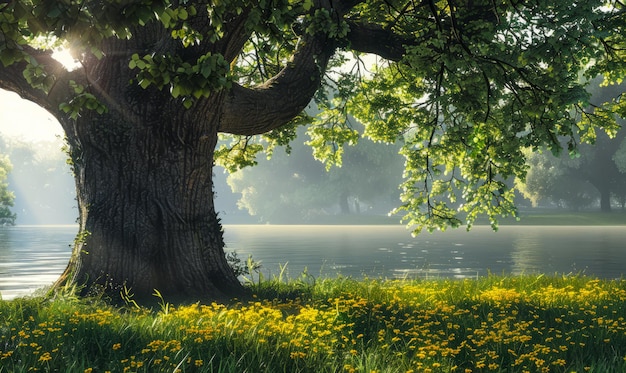 Tree and yellow flowers by the lake